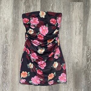 Strapless Black Floral Ruched Mini Dress - Pink Floral